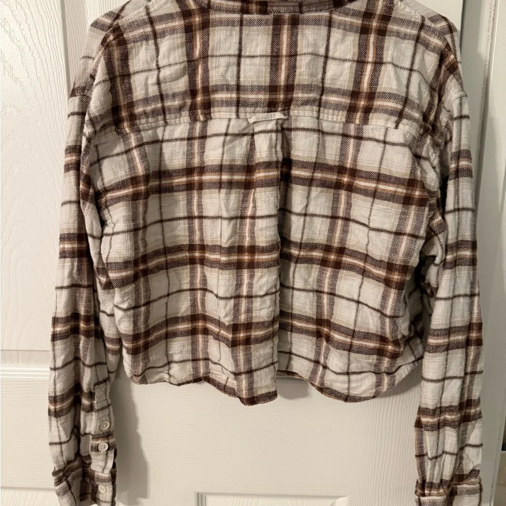 American Eagle Outfitters Women's Cropped Flannel - Brown and Cream - Picture 3 of 4